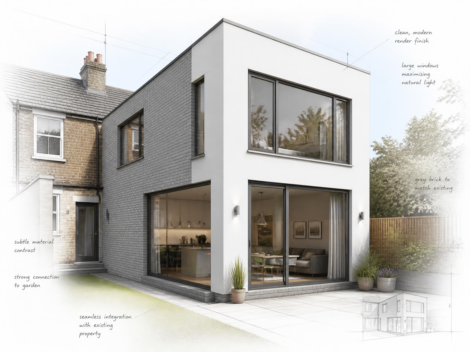 CGI architectural visualisation of a two storey side extension with annotated design notes
