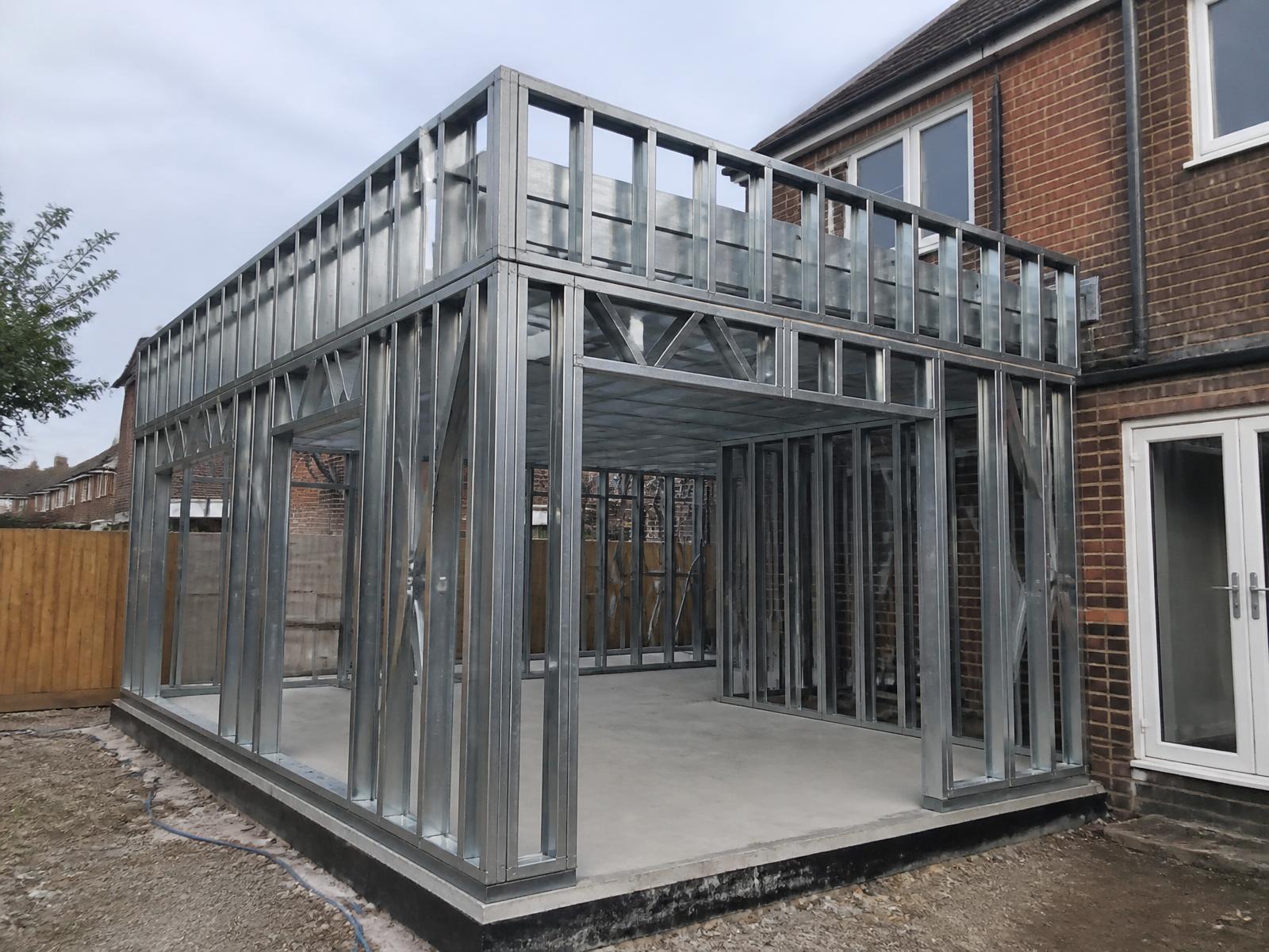 Galvanised light gauge steel frame erected for a domestic rear extension