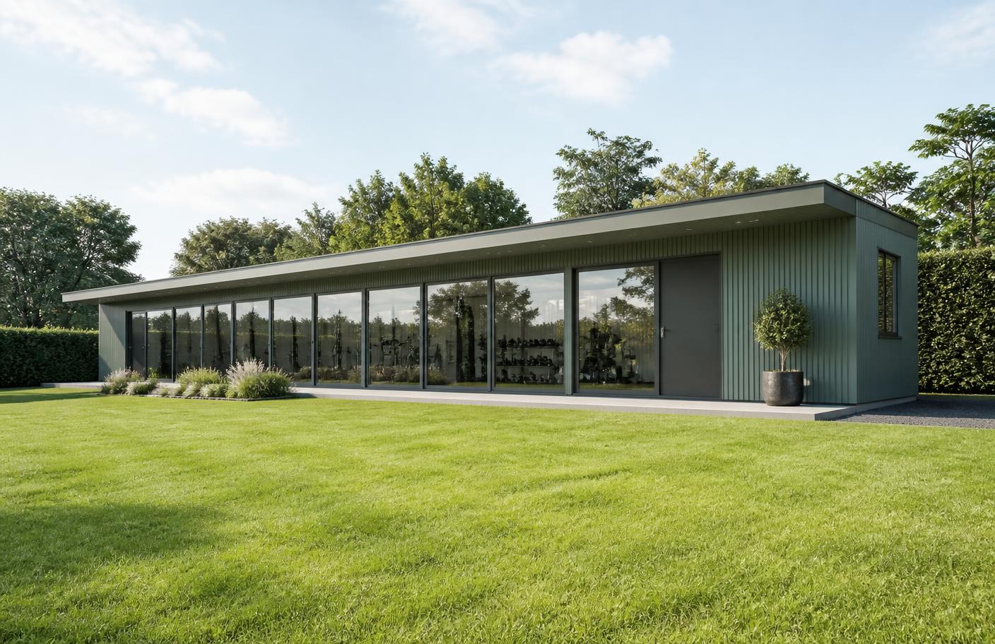 Luxury black garden studio with wide glazing and warm interior lighting