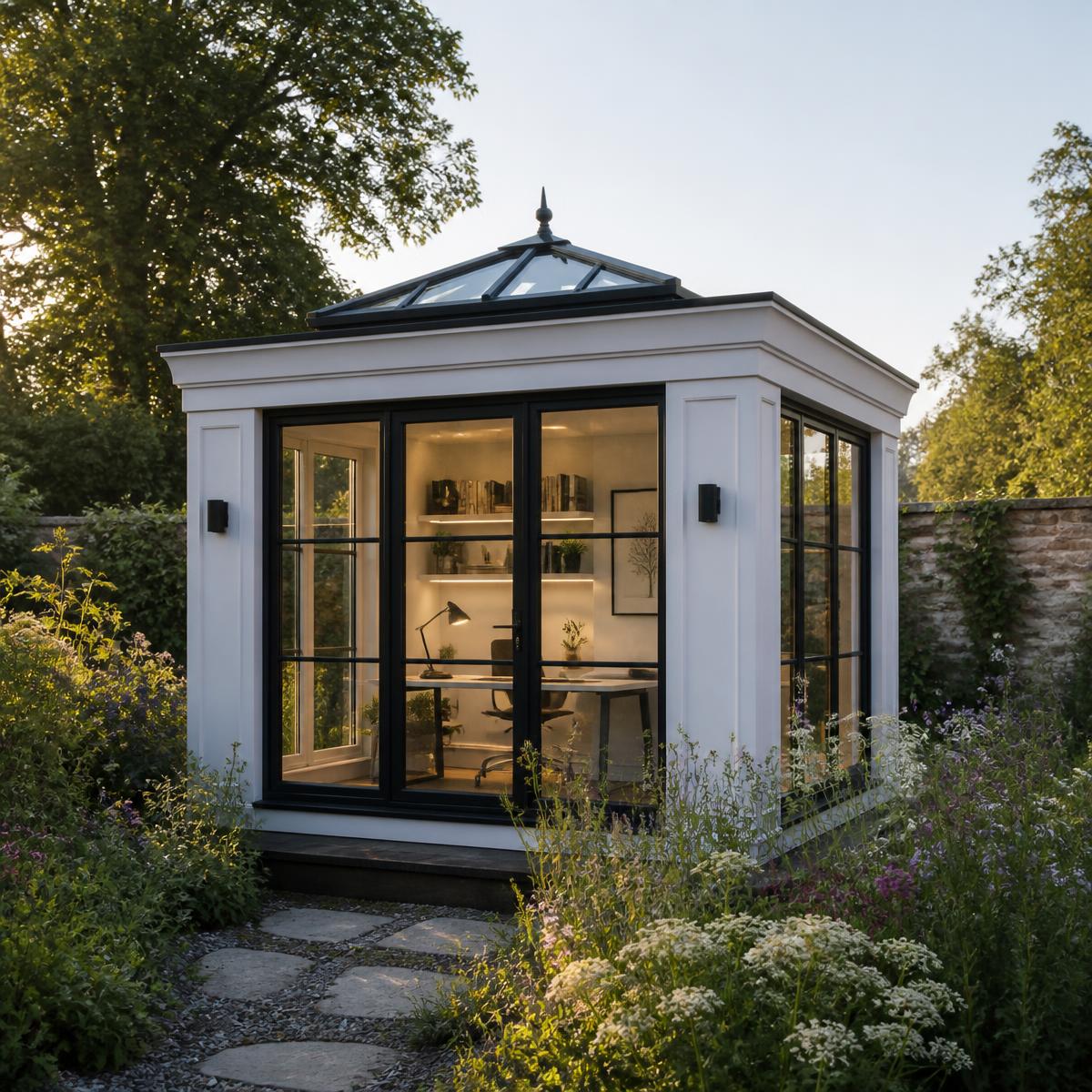 Contemporary garden room with cedar cladding beside landscaped planting
