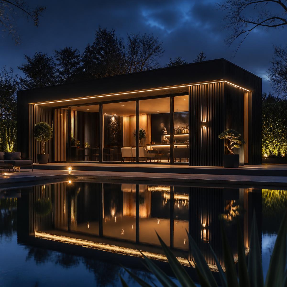 Modern garden pavilion with bifold doors opening onto a patio