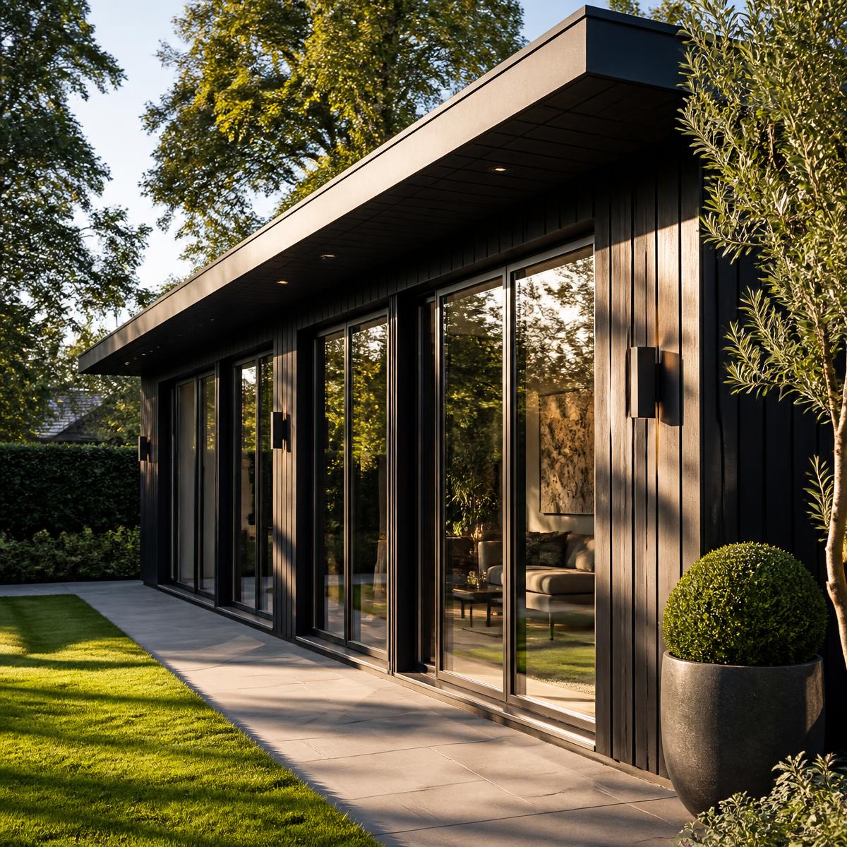 Premium garden room retreat with full-height glass and evening lighting
